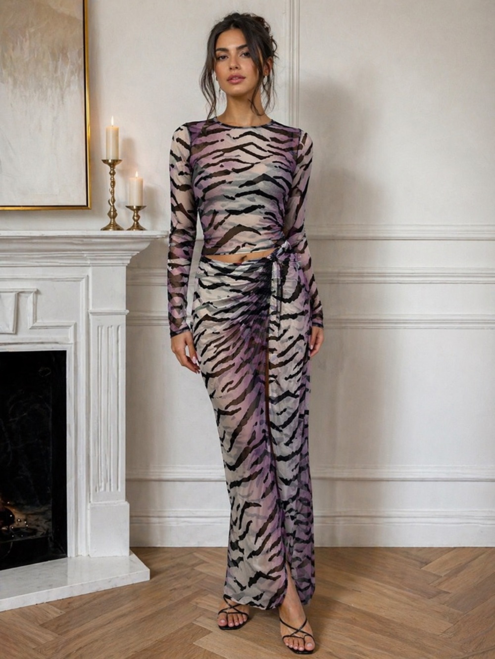Madrag Animal Print Mesh Purple Black 2 Piece Outfit Set Top Skirt Size S